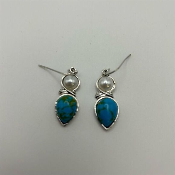 Small Dainty Faux Blue Turquoise & Faux Pearl Teardrop Dangle Earrings - Picture 5 of 8